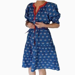 Printfresh x Paper Pencil Co Blue Floral Org Cotton Midi Dress XS Fits 4-6
